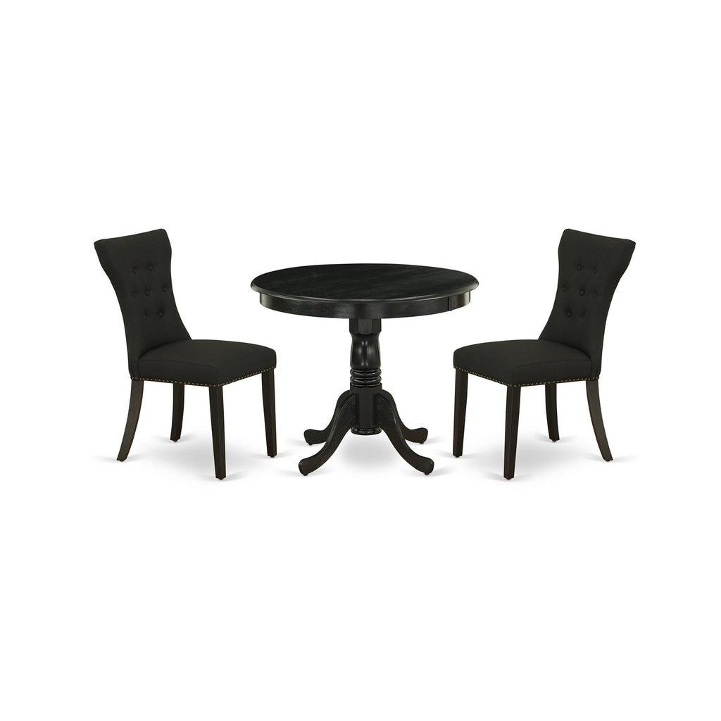 East West Furniture ANGA3-ABK-24 3 Piece Dinette Set for Small Spaces Contains a Round Kitchen Table with Pedestal and 2 Black Linen Fabric Parson Dining Chairs