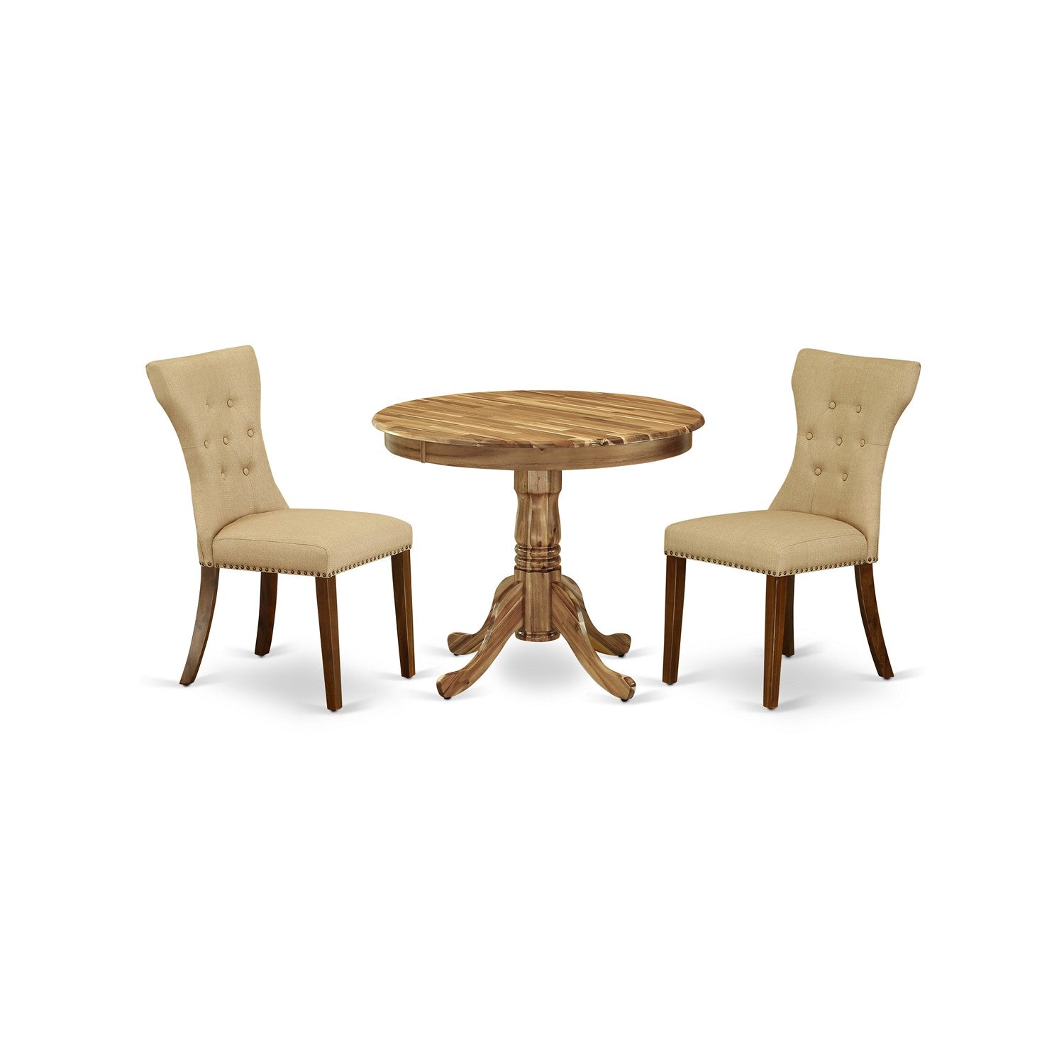 Juego de mesa de comedor de 3 piezas ANGA3-ANA-03 de East West Furniture para espacios pequeños. Contiene una mesa de cocina redonda con pedestal y 2 sillas Parsons de tela de lino marrón.