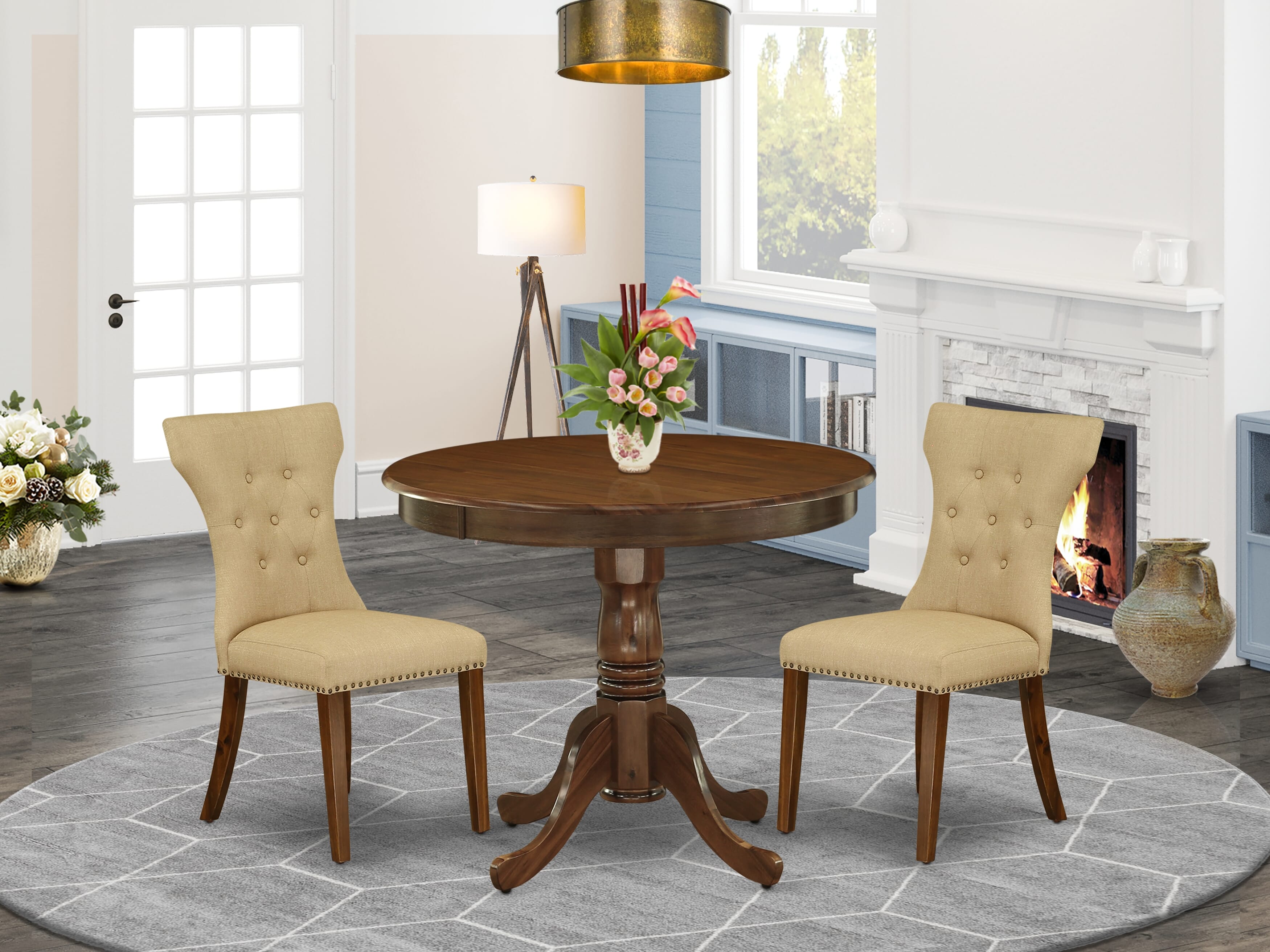East West Furniture ANGA3-AWA-03 3 Piece Dining Set Contains a Round Dining Room Table with Pedestal and 2 Upholstered Chairs, 36x36 Inch, Antique Walnut