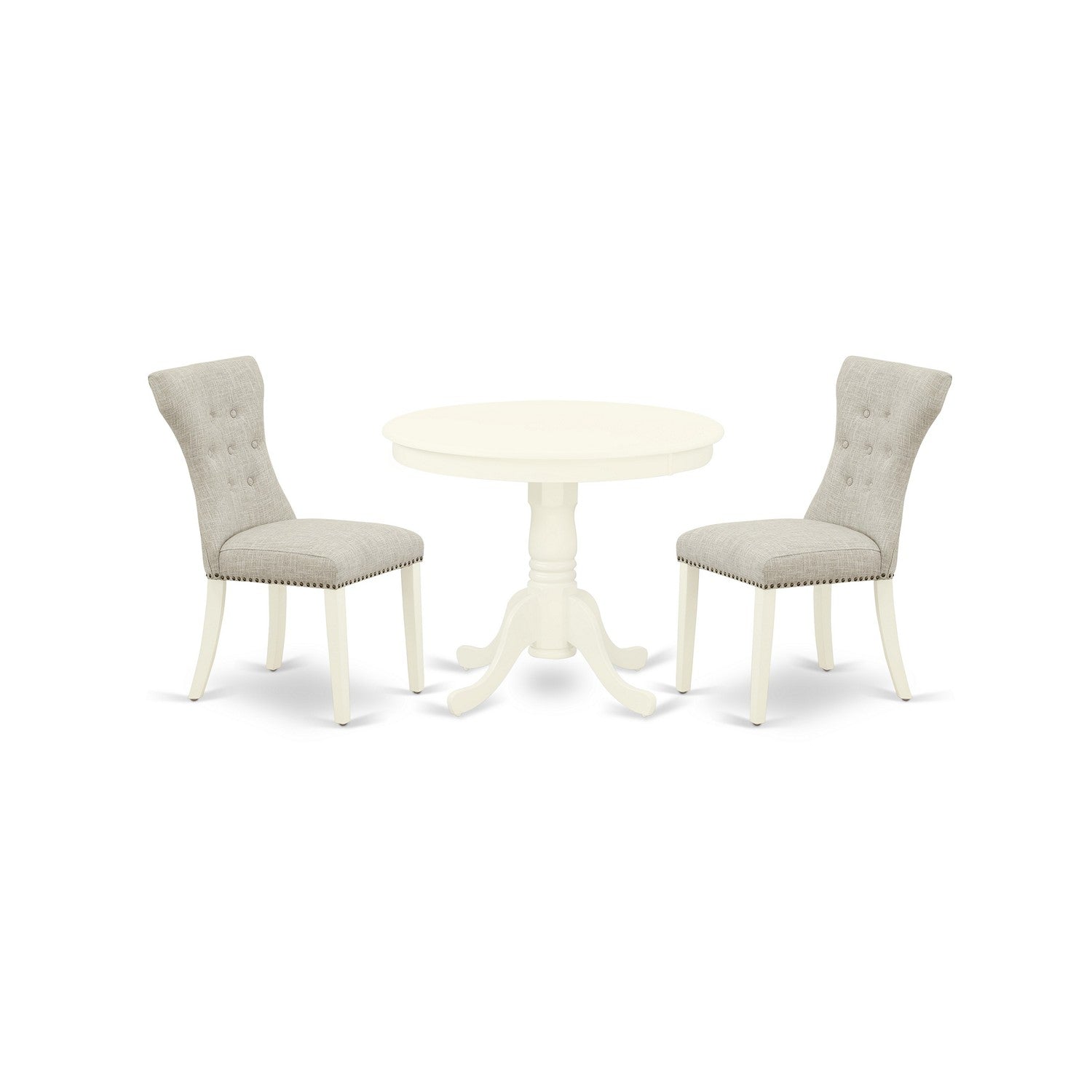 East West Furniture ANGA3-LWH-35 3-Pc Wood Dining Table Set Included a Round Dining Table & 2 Dining Chairs, Doeskin Linen Fabric Parsons Chairs Seat with Rubber Wood Legs, Linen White Finish.