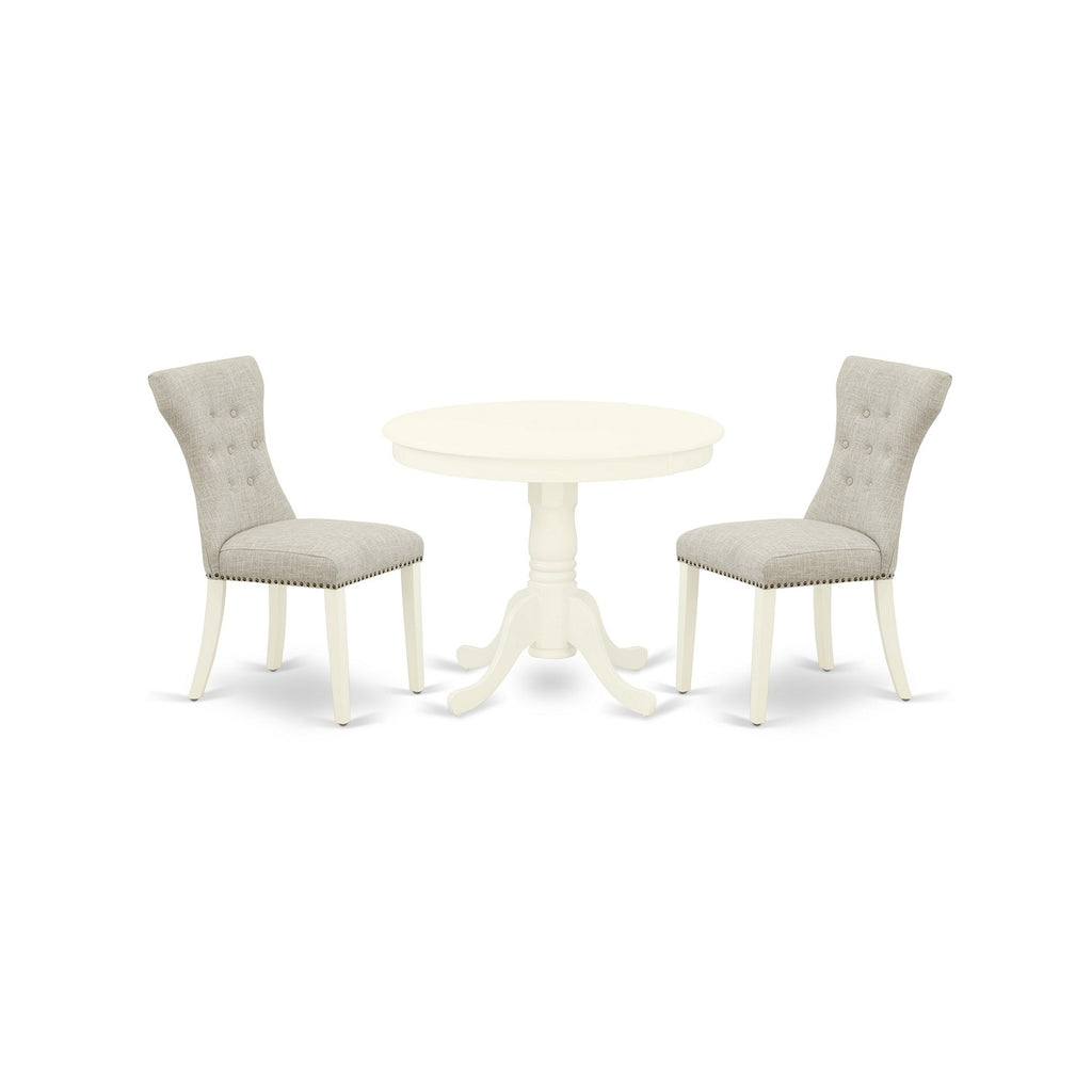 East West Furniture ANGA3-LWH-35 3 Piece Dining Room Furniture Set Contains a Round Dining Table with Pedestal and 2 Doeskin Linen Fabric Upholstered Chairs