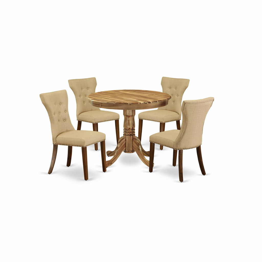 East West Furniture ANGA5-ANA-03 5 Piece Dining Table Set for 4 Includes a Round Kitchen Table with Pedestal and 4 Brown Linen Fabric Upholstered Parson Chairs, 36x36 Inch, Natural