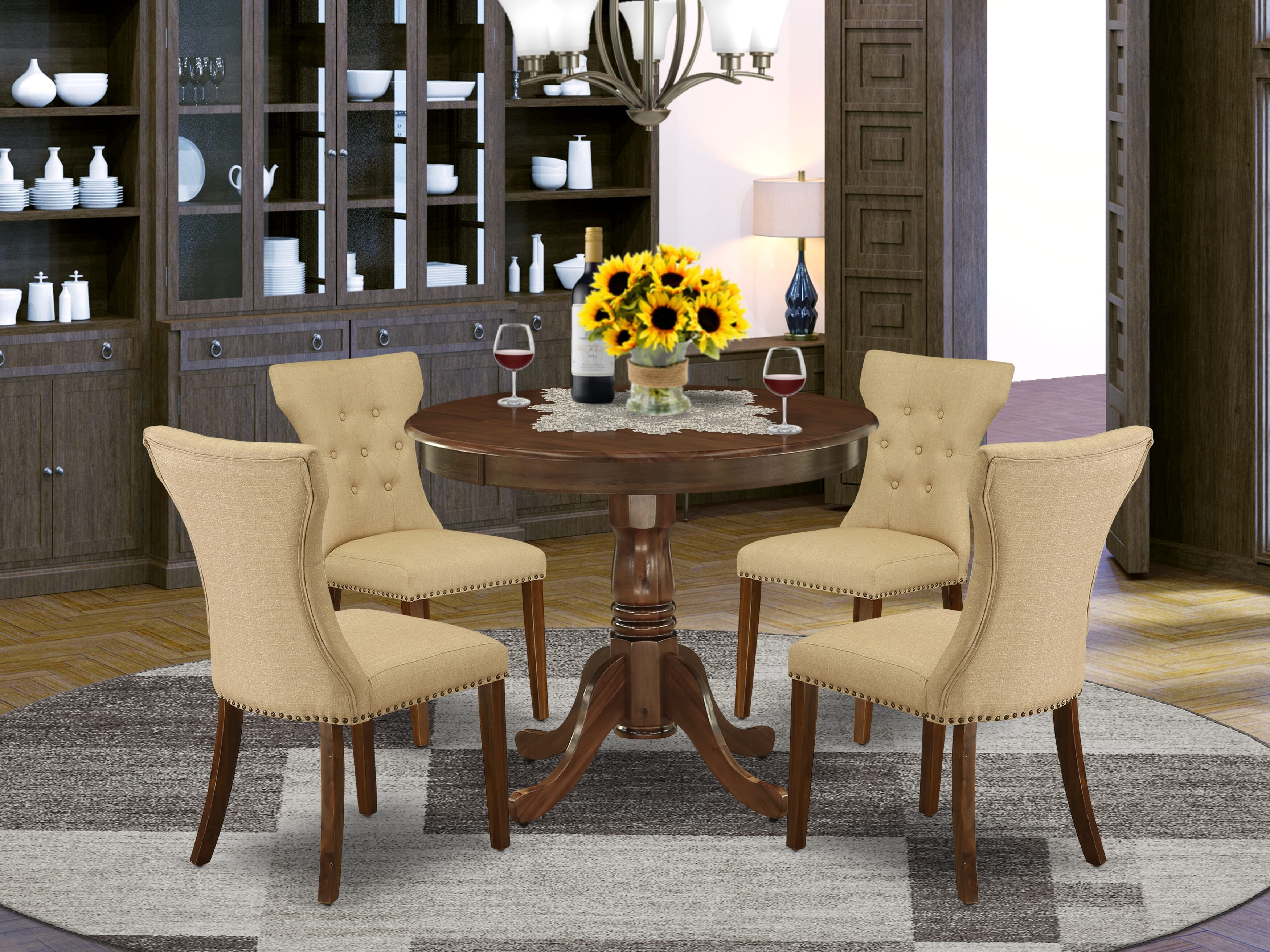 East West Furniture ANGA5-AWA-03 5 Piece Dining Table Set for Small Spaces Consist of a Round Dining Room Table with Pedestal and 4 Parson Kitchen Chairs, 36x36 Inch, Antique Walnut