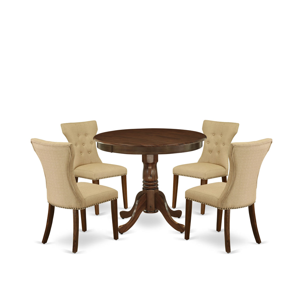 East West Furniture ANGA5-AWA-03 5 Piece Dining Table Set for Small Spaces Consist of a Round Dining Room Table with Pedestal and 4 Parson Kitchen Chairs