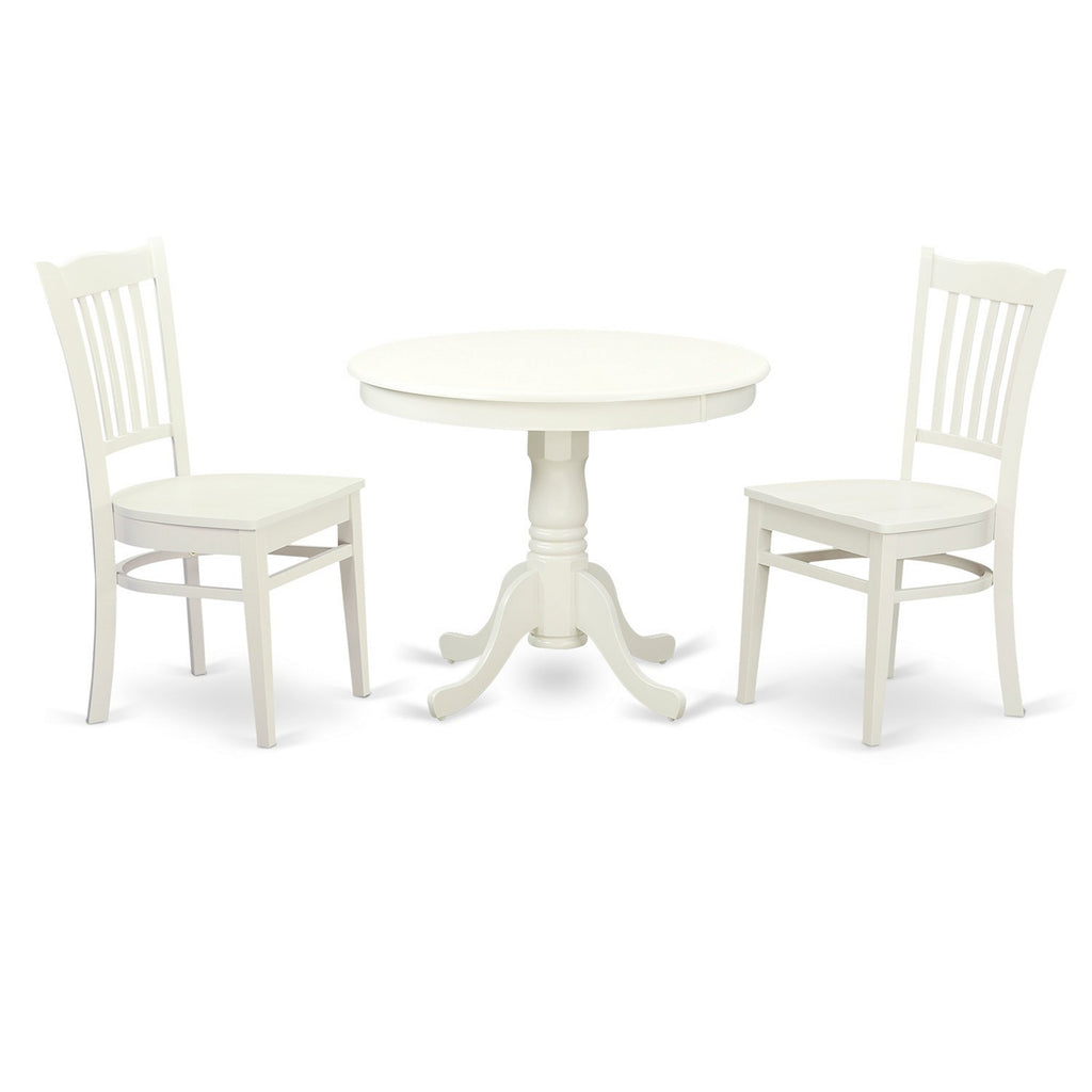 East West Furniture ANGR3-LWH-W 3 Piece Kitchen Table & Chairs Set Contains a Round Dining Room Table with Pedestal and 2 Solid Wood Seat Chairs