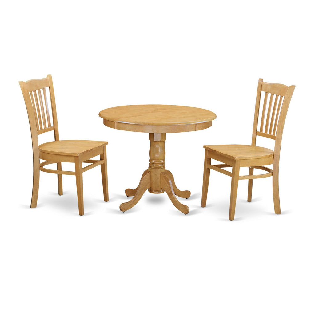 East West Furniture ANGR3-OAK-W 3 Piece Kitchen Table & Chairs Set Contains a Round Dining Room Table with Pedestal and 2 Dining Chairs, 36x36 Inch, Oak