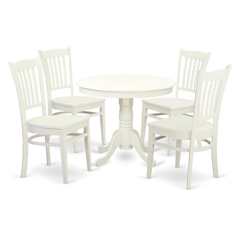 East West Furniture ANGR5-LWH-W 5 Piece Dining Table Set for 4 Includes a Round Kitchen Table with Pedestal and 4 Dining Room Chairs, 36x36 Inch, Linen White