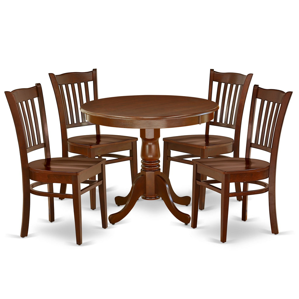 Juego de mesa de comedor de 5 piezas ANGR5-MAH-W de East West Furniture. Incluye una mesa de cocina redonda con pedestal y 4 sillas de comedor.