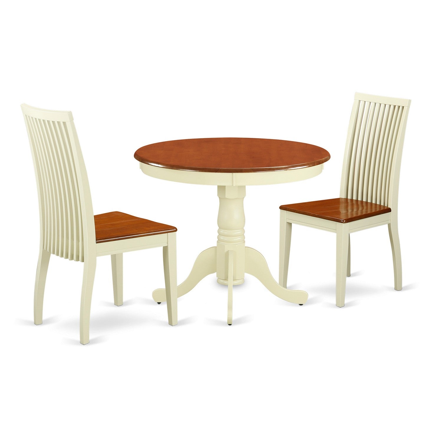 Juego de comedor de 3 piezas East West Furniture ANIP3-BMK-W que incluye una mesa de comedor redonda con pedestal y 2 sillas con asiento de madera.