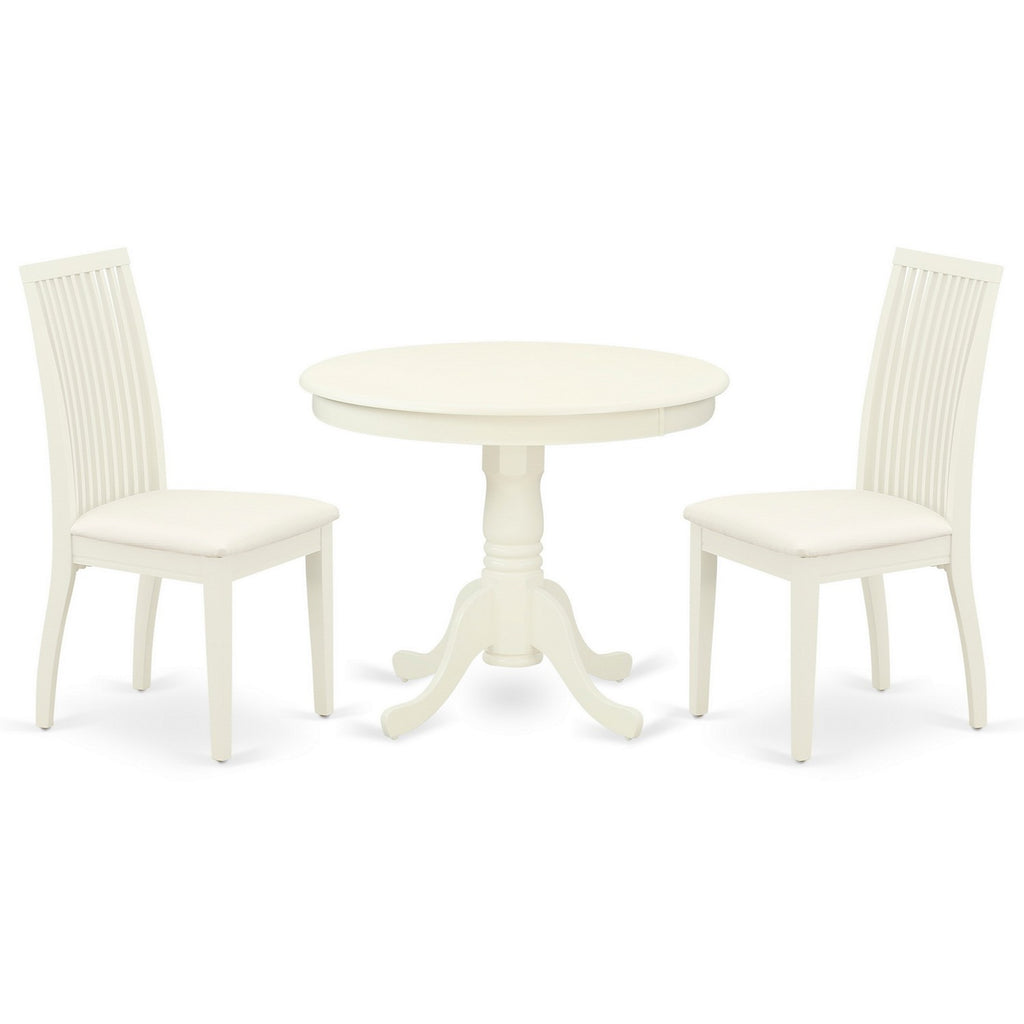 East West Furniture ANIP3-LWH-C 3 Piece Kitchen Table Set for Small Spaces Contains a Round Dining Table with Pedestal and 2 Linen Fabric Dining Room Chairs, 36x36 Inch, Linen White