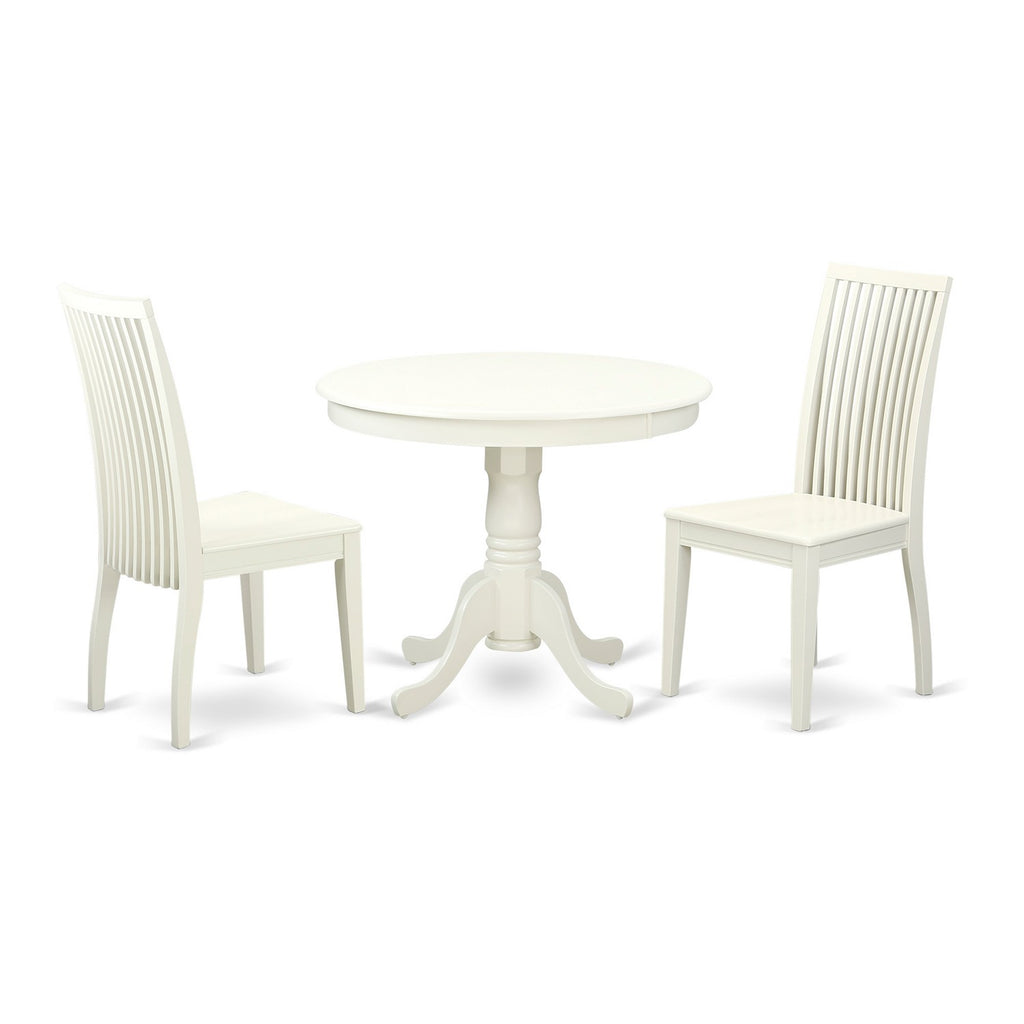 Juego de mesa de comedor moderna de 3 piezas East West Furniture ANIP3-LWH-W que incluye una mesa de cocina redonda con pedestal y 2 sillas de comedor.
