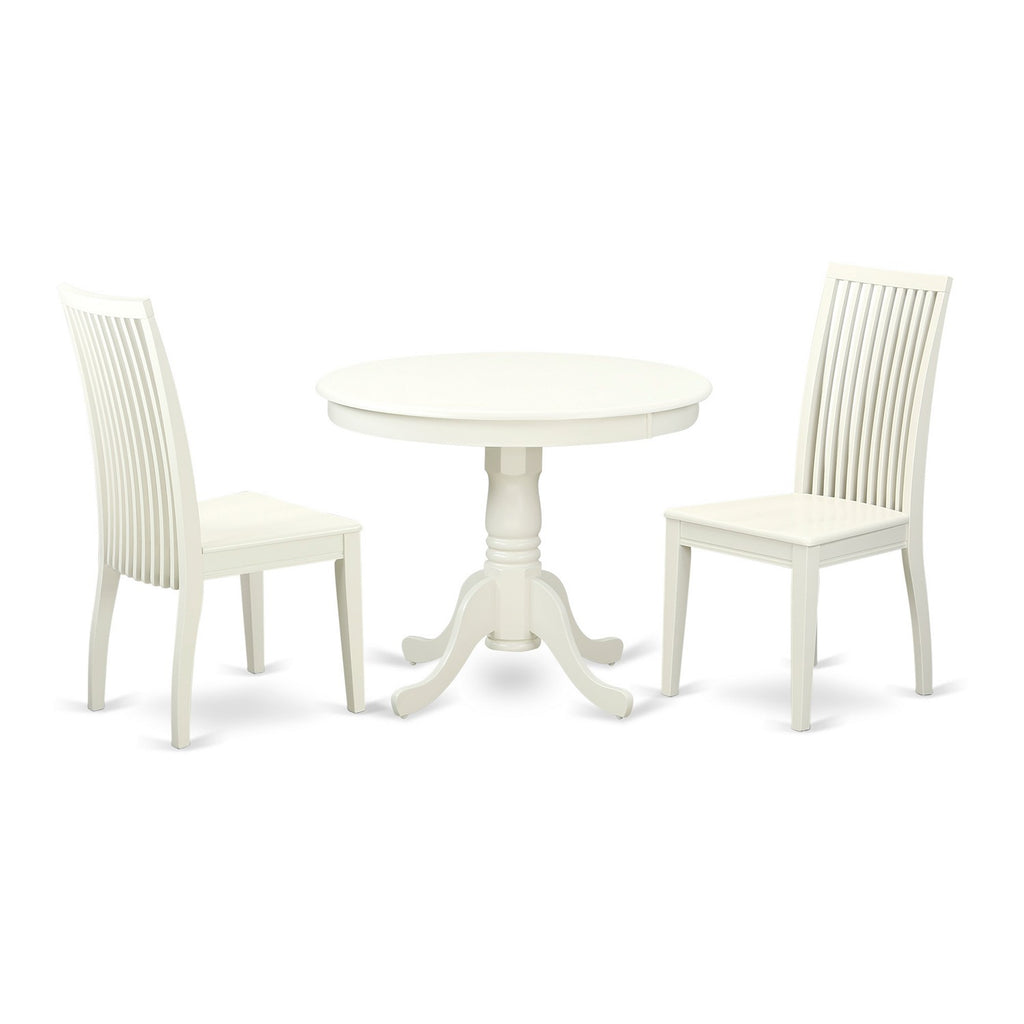 East West Furniture ANIP3-LWH-W 3 Piece Modern Dining Table Set Contains a Round Kitchen Table with Pedestal and 2 Dining Room Chairs, 36x36 Inch, Linen White