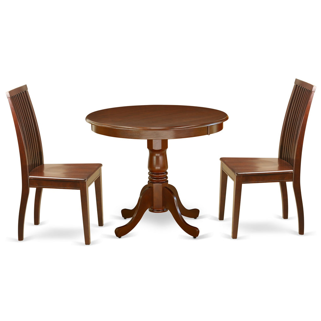 East West Furniture ANIP3-MAH-W 3 Piece Dining Set Contains a Round Dining Room Table with Pedestal and 2 Wood Seat Chairs, 36x36 Inch, Mahogany