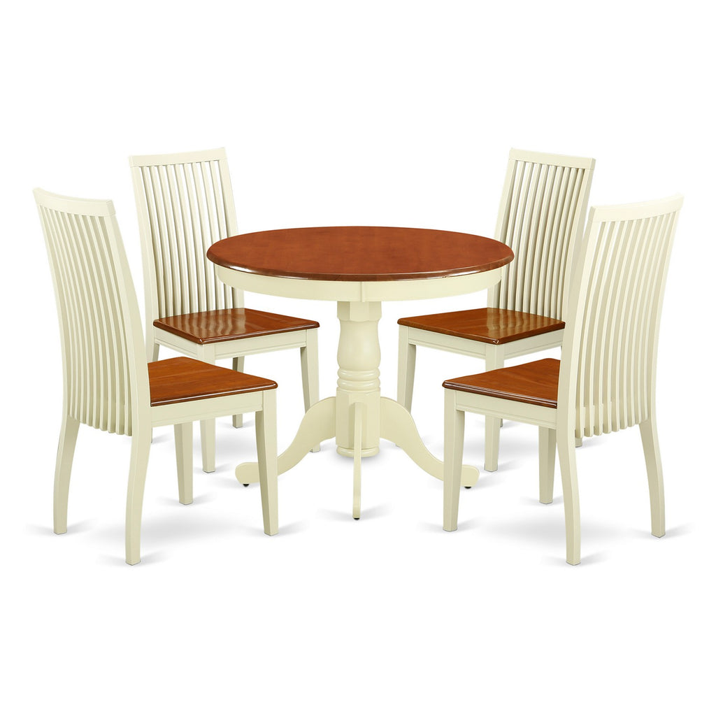Juego de mesa de comedor de 5 piezas East West Furniture ANIP5-BMK-W para 4 personas. Incluye una mesa de cocina redonda con pedestal y 4 sillas de comedor.