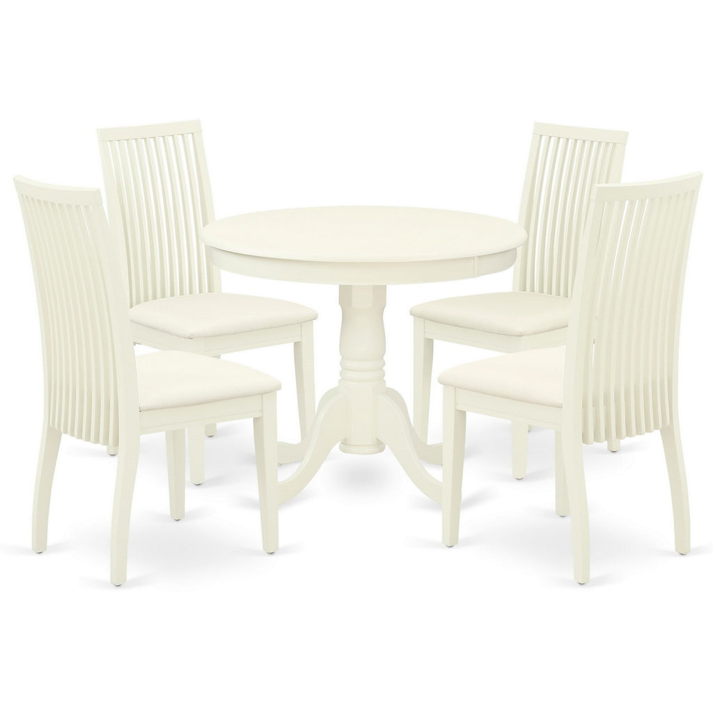 Juego de mesa y sillas de cocina de 5 piezas East West Furniture ANIP5-LWH-C. Incluye una mesa de comedor redonda con pedestal y 4 sillas tapizadas en tela de lino.