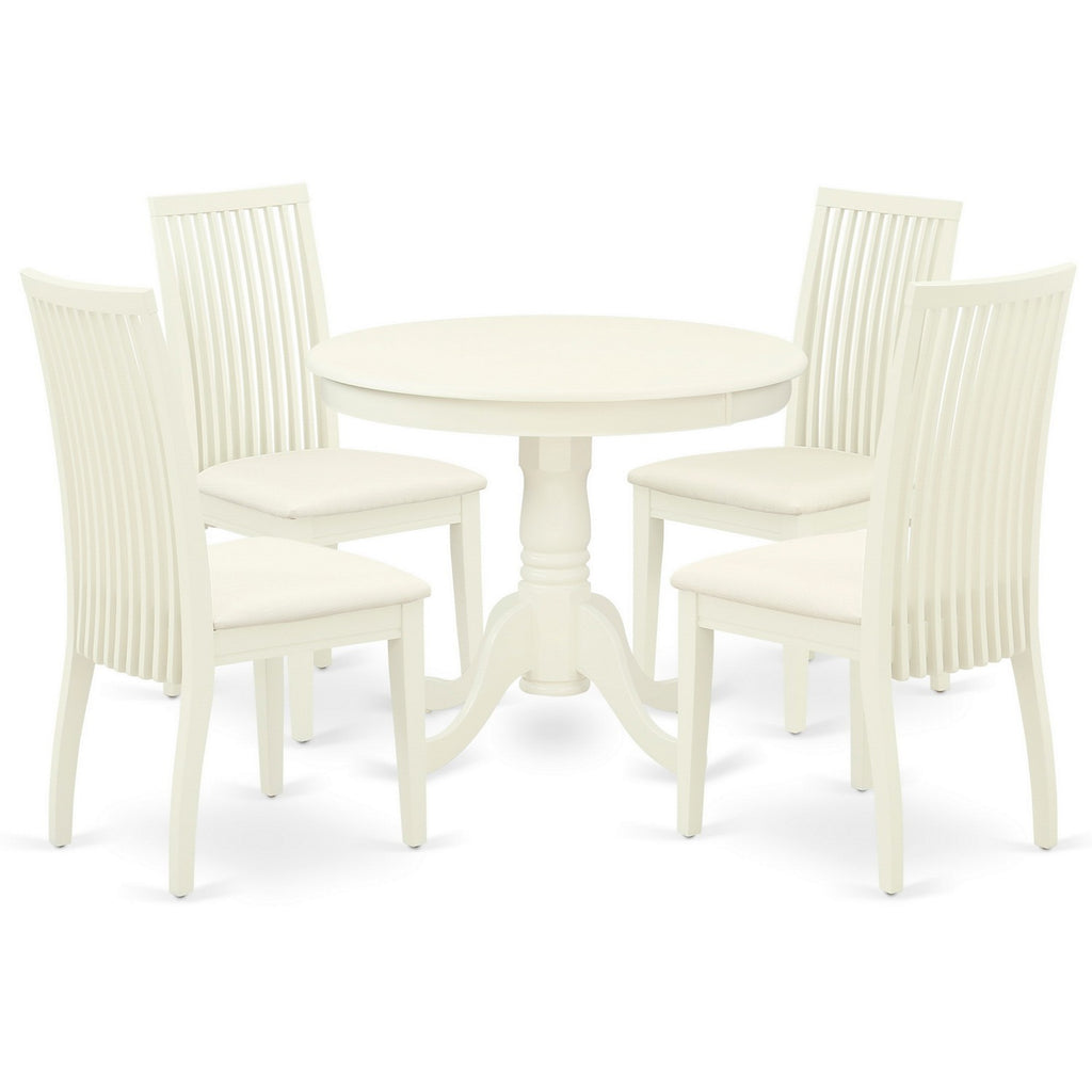 East West Furniture ANIP5-LWH-C 5 Piece Kitchen Table & Chairs Set Includes a Round Dining Room Table with Pedestal and 4 Linen Fabric Upholstered Chairs, 36x36 Inch, Linen White