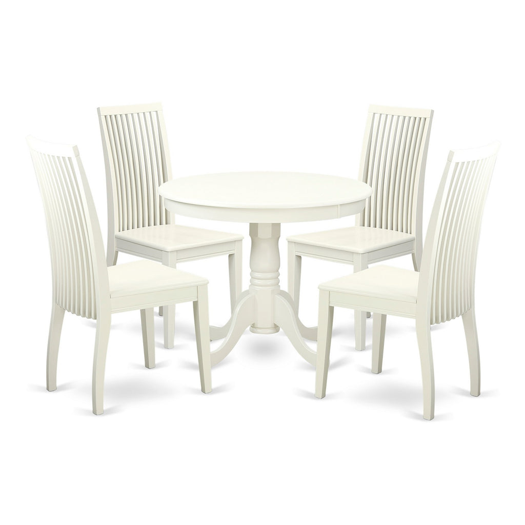 Juego de mesa de comedor moderna de 5 piezas East West Furniture ANIP5-LWH-W. Incluye una mesa de cocina redonda con pedestal y 4 sillas de comedor.