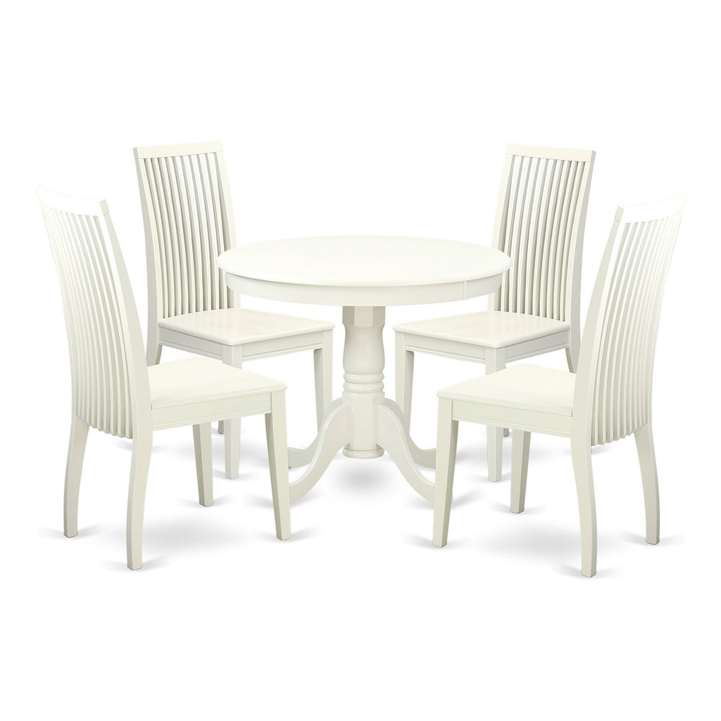 East West Furniture ANIP5-LWH-W 5 Piece Modern Dining Table Set Includes a Round Kitchen Table with Pedestal and 4 Dining Room Chairs, 36x36 Inch, Linen White
