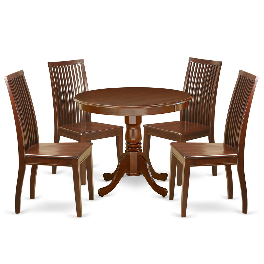 Juego de mesa y sillas de cocina de 5 piezas East West Furniture ANIP5-MAH-W. Incluye una mesa de comedor redonda con pedestal y 4 sillas de comedor.