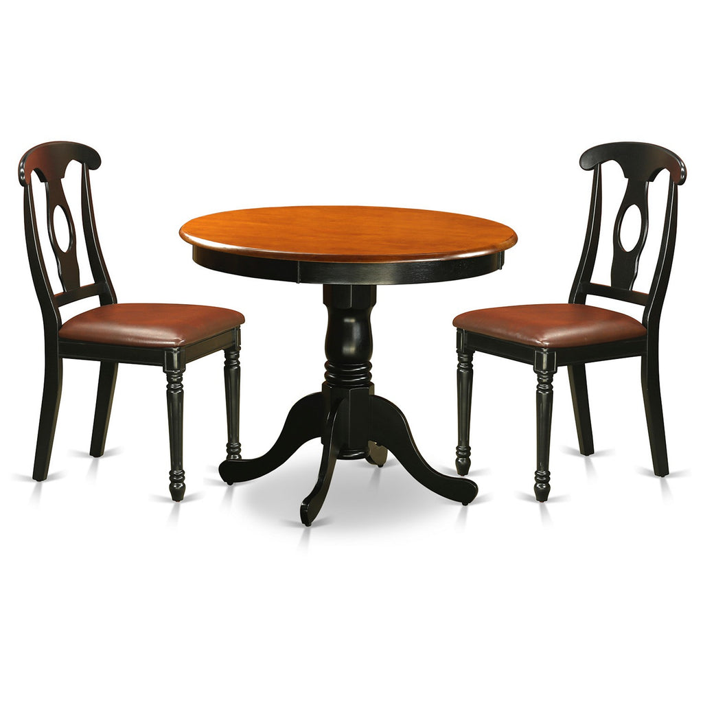 East West Furniture ANKE3-BLK-LC 3 Piece Dining Room Table Set  Contains a Round Kitchen Table with Pedestal and 2 Faux Leather Upholstered Dining Chairs, 36x36 Inch, Black & Cherry
