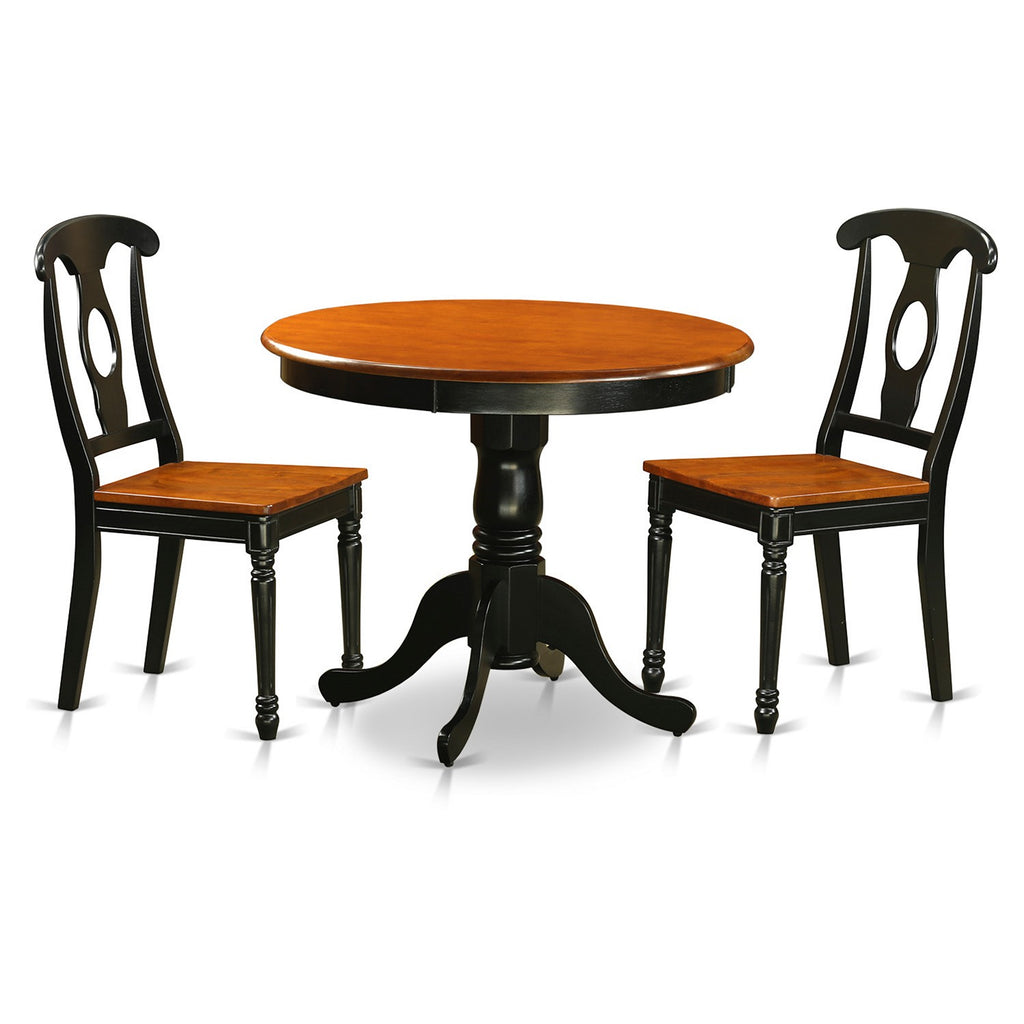 East West Furniture ANKE3-BLK-W 3 Piece Dining Table Set for Small Spaces Contains a Round Kitchen Table with Pedestal and 2 Dining Chairs