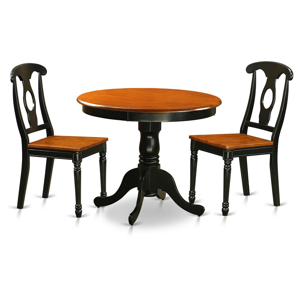 East West Furniture ANKE3-BLK-W 3 Piece Dining Table Set for Small Spaces Contains a Round Kitchen Table with Pedestal and 2 Dining Chairs, 36x36 Inch, Black & Cherry