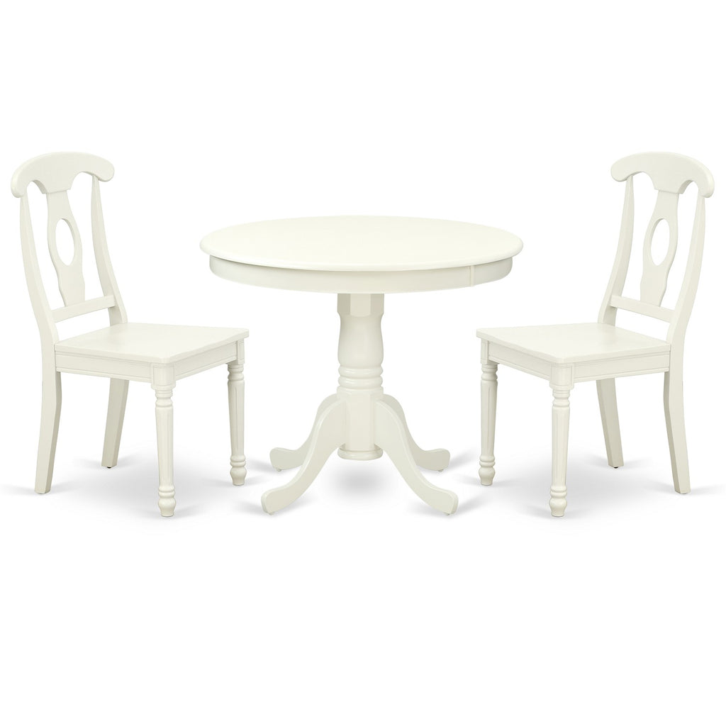 East West Furniture ANKE3-LWH-W 3 Piece Dining Room Table Set  Contains a Round Kitchen Table with Pedestal and 2 Dining Chairs, 36x36 Inch, Linen White