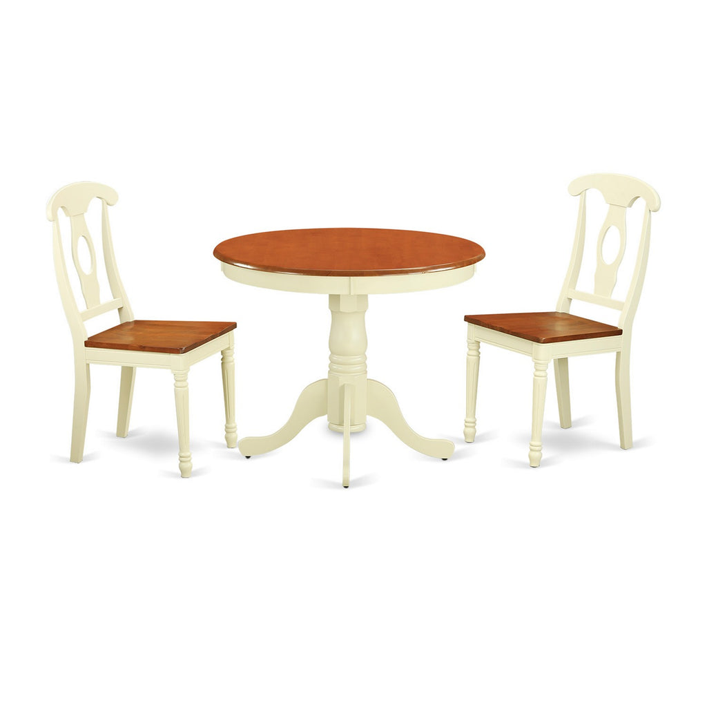 East West Furniture ANKE3-WHI-W 3 Piece Dining Room Table Set  Contains a Round Kitchen Table with Pedestal and 2 Dining Chairs, 36x36 Inch, Buttermilk & Cherry