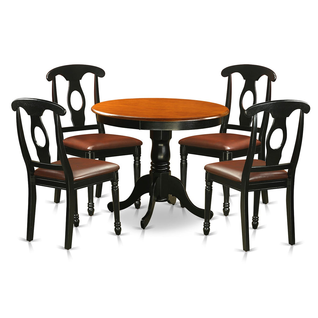 East West Furniture ANKE5-BLK-LC 5 Piece Kitchen Table & Chairs Set Includes a Round Dining Room Table with Pedestal and 4 Faux Leather Dining Room Chairs, 36x36 Inch, Black & Cherry