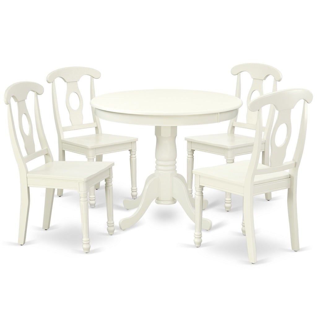 East West Furniture ANKE5-LWH-W 5 Piece Dinette Set for 4 Includes a Round Kitchen Table with Pedestal and 4 Dining Chairs