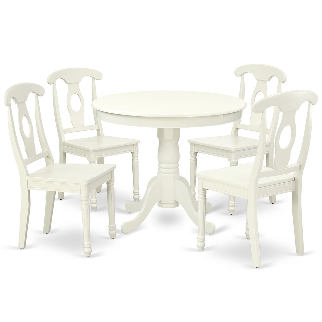 East West Furniture ANKE5-LWH-W 5 Piece Dinette Set for 4 Includes a Round Kitchen Table with Pedestal and 4 Dining Chairs, 36x36 Inch, Linen White