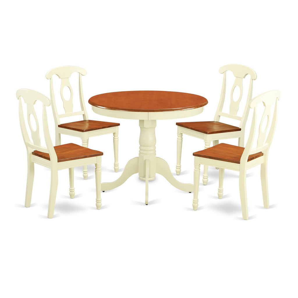 East West Furniture ANKE5-WHI-W 5 Piece Dining Room Furniture Set Includes a Round Dining Table with Pedestal and 4 Wood Seat Chairs, 36x36 Inch, Buttermilk & Cherry