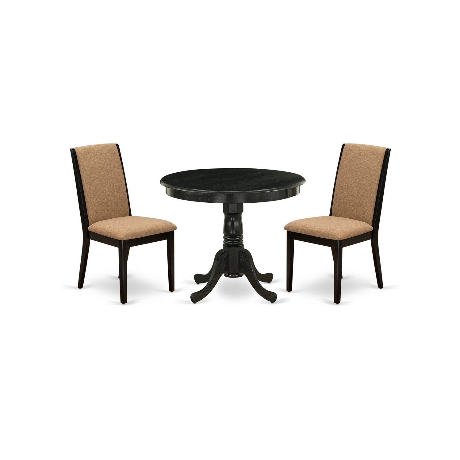 East West Furniture ANLA3-ABK-47 3-Piece Wood Dining Table Set Included a Pedestal Dining Table & 2 Parsons Dining Room Chairs, Light Sable Linen Fabric Kitchen Chairs Seat with Rubber Wood Legs, Wirebrushed Black Finish