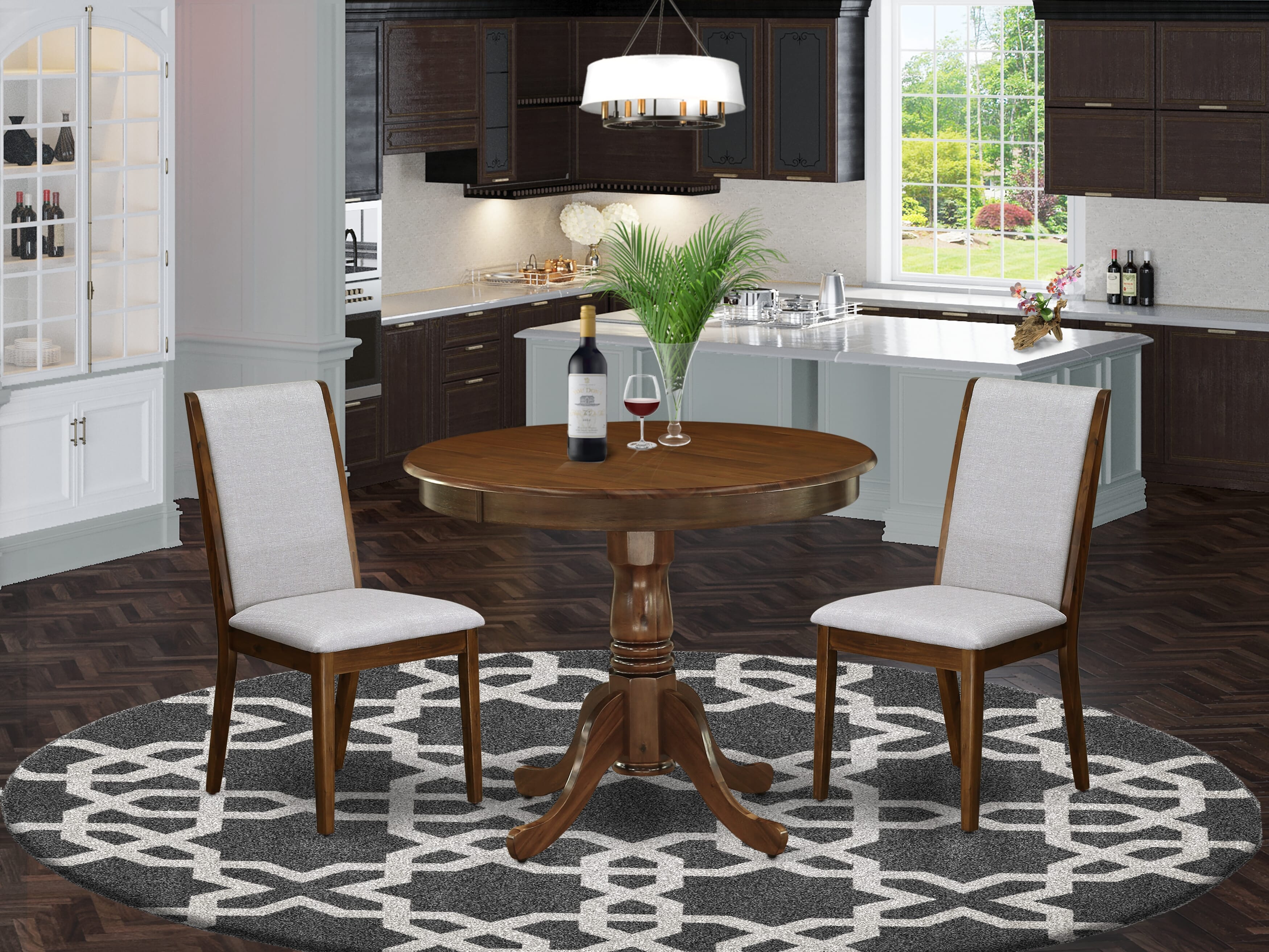 East West Furniture ANLA3-AWA-05 3 Piece Dining Set Includes a Round Kitchen Table with Pedestal and 2 Parson Chairs, 36x36 Inch, Antique Walnut