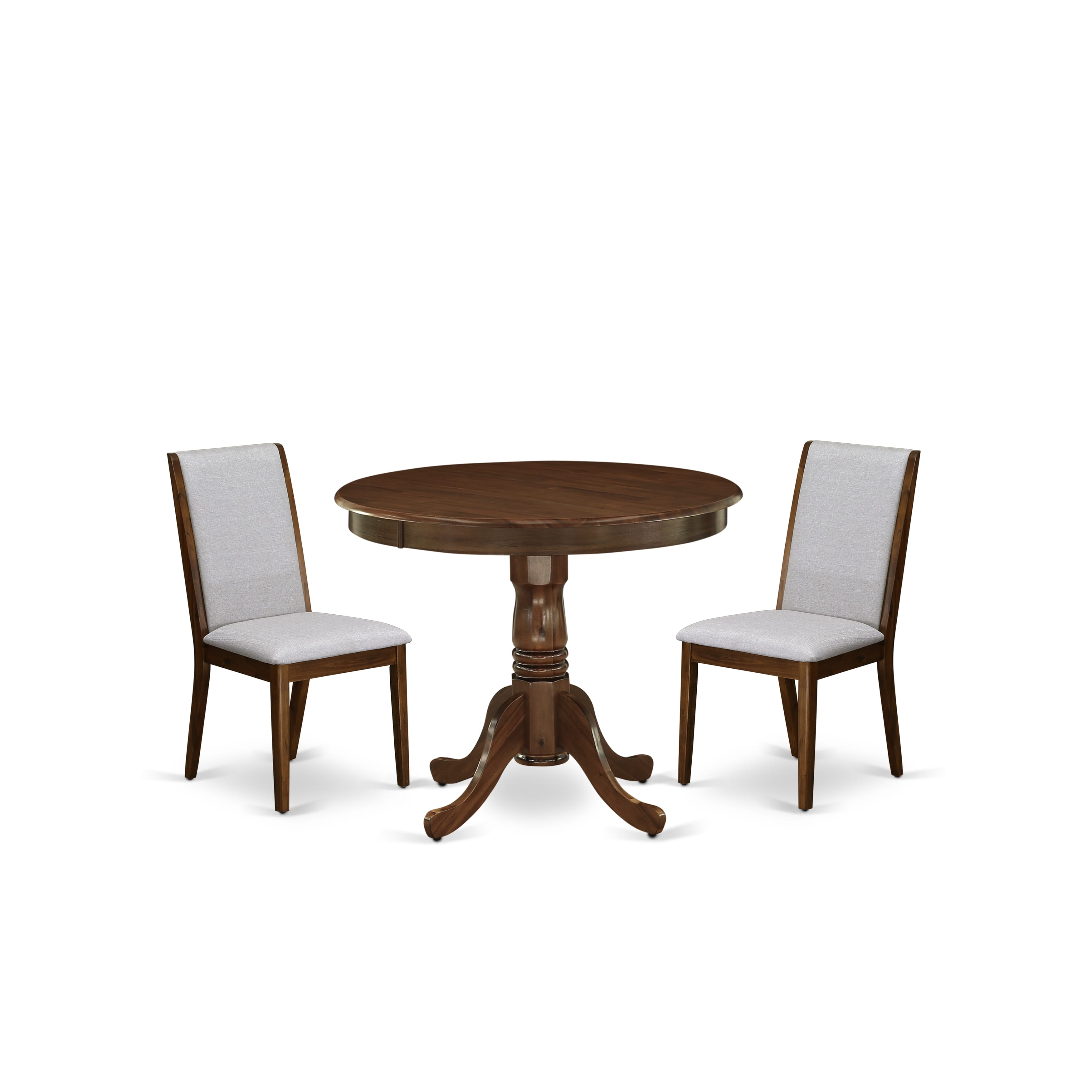 East West Furniture ANLA3-AWA-05 3 Piece Dining Set Includes a Round Kitchen Table with Pedestal and 2 Parson Chairs, 36x36 Inch, Antique Walnut