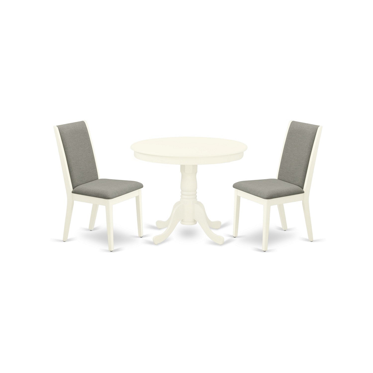 East West Furniture ANLA3-LWH-06 3-Piece Round Dining Room Table Set Included a Dinner Table & 2 Parson Chairs, Shitake Linen Fabric Parson Chairs Seat with Rubber Wood Legs, Linen White Finish