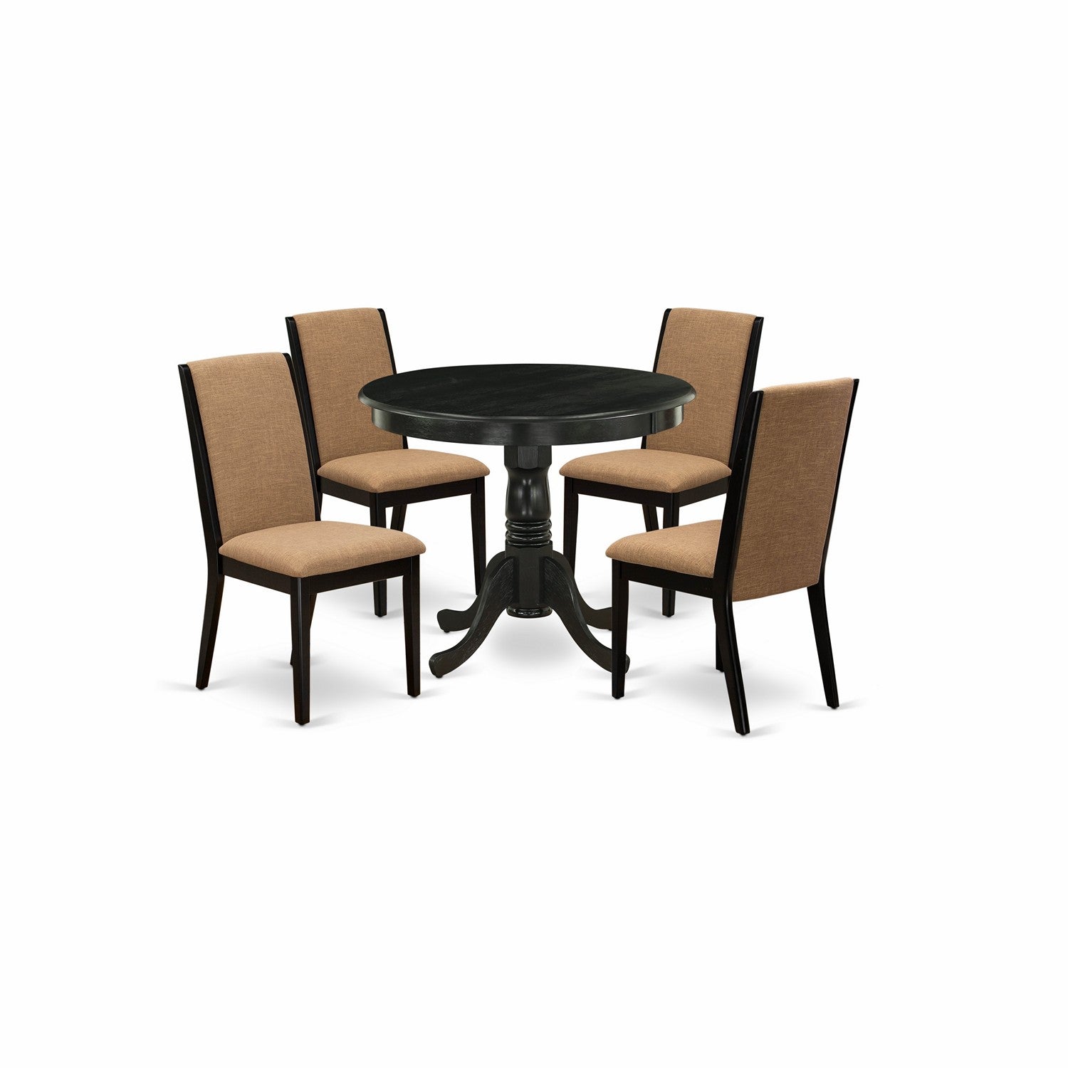 East West Furniture ANLA5-ABK-47 5-Piece Round Dinette Set Included a Round Dinette Table & 4 Parson Dining Chairs, Light Sable Linen Fabric Kitchen Chairs Seat with Rubber Wood Legs, Wirebrushed Black Finish