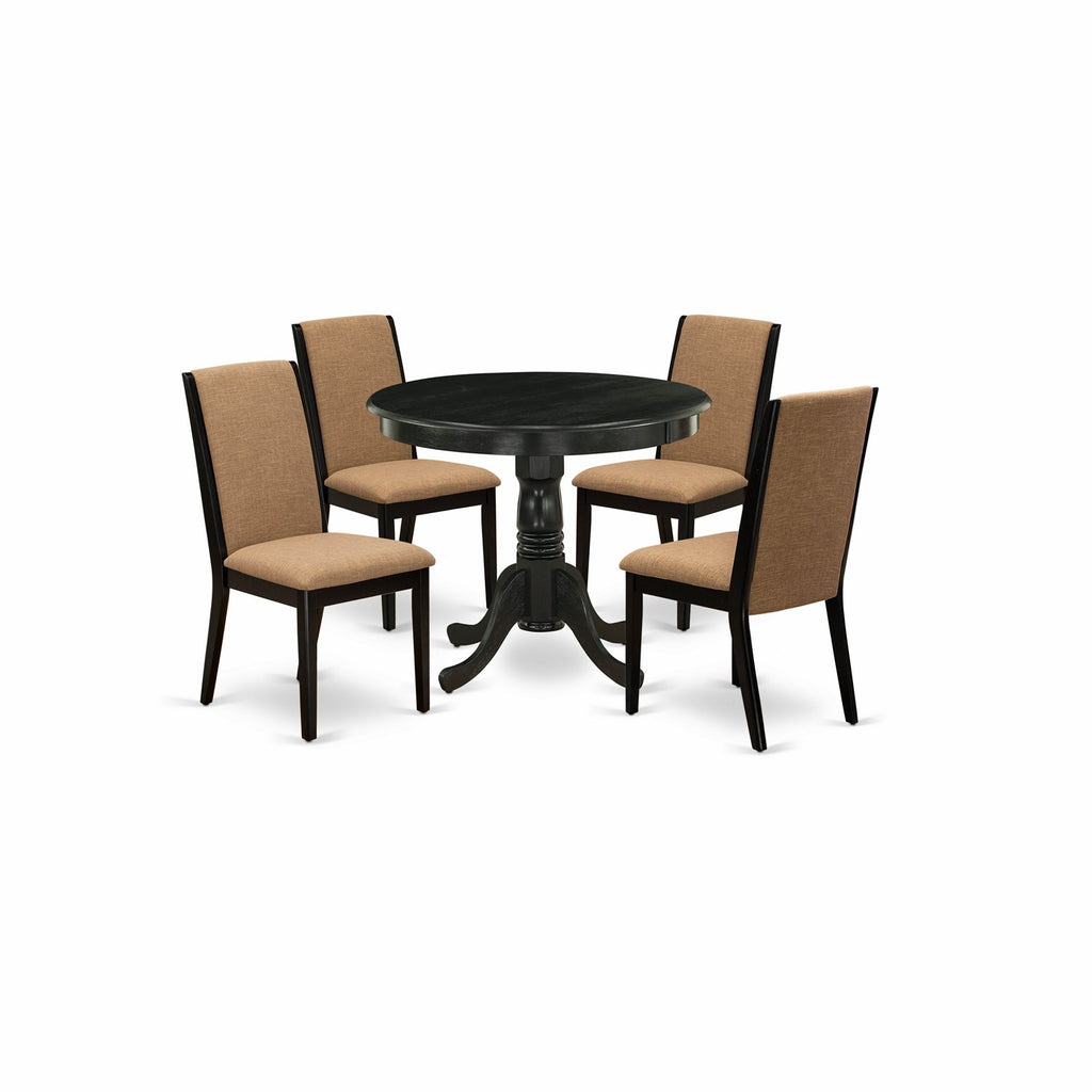 East West Furniture ANLA5-ABK-47 5 Piece Modern Dining Table Set Includes a Round Kitchen Table with Pedestal and 4 Light Sable Linen Fabric Upholstered Chairs, 36x36 Inch, Wirebrushed Black