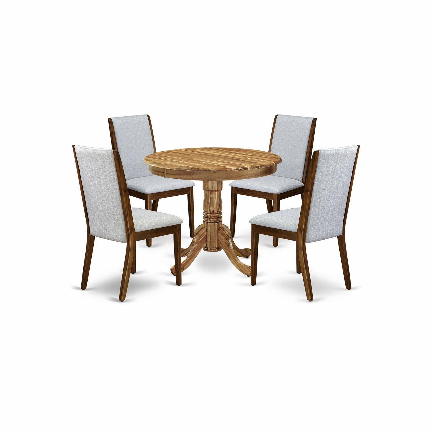 East West Furniture ANLA5-ANA-05 5-Pc Modern Dining Table Set Included a Round Dining Room Table & 4 Dining Chairs, Grey Linen Fabric Parsons Dining Chairs Seat with Rubber Wood Legs, Natural Finish