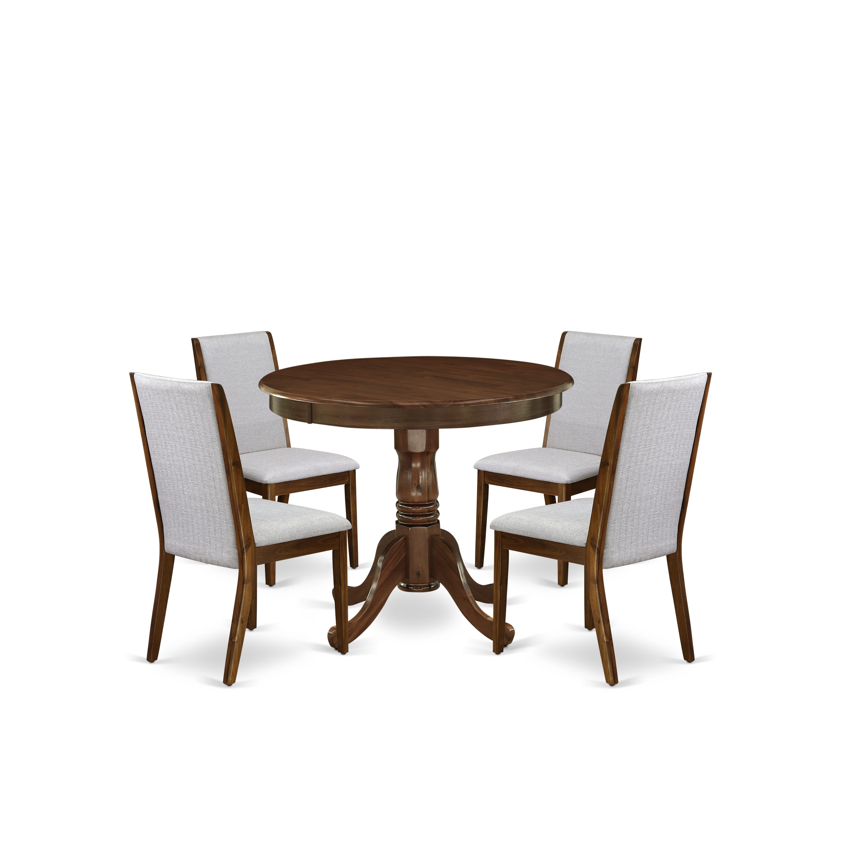 East West Furniture ANLA5-AWA-05 5 Piece Dining Table Set for Small Spaces Contains a Round Kitchen Table with Pedestal and 4 Parson Chairs, 36x36 Inch, Antique Walnut