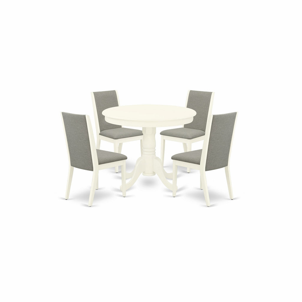 Juego de comedor de 5 piezas East West Furniture ANLA5-LWH-06. Incluye una mesa de cocina redonda con pedestal y 4 sillas de comedor Parsons de tela de lino Shitake.