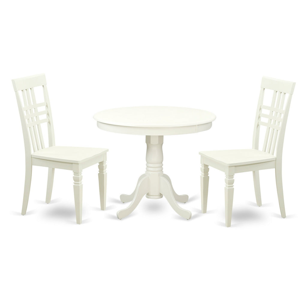 Juego de mesa de comedor de 3 piezas East West Furniture ANLG3-LWH-W para espacios pequeños. Contiene una mesa de cocina redonda con pedestal y 2 sillas de comedor.