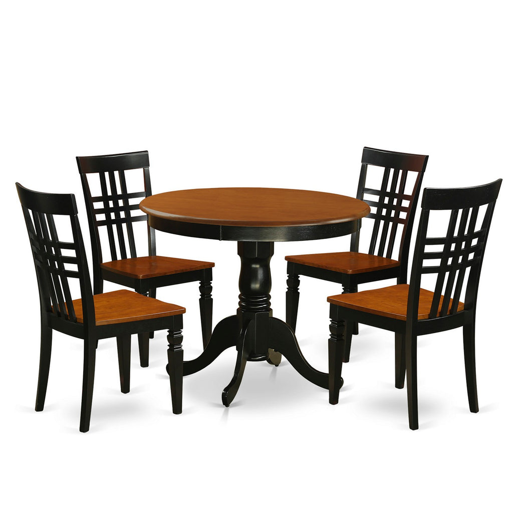 Juego de mesa de comedor moderna de 5 piezas East West Furniture ANLG5-BCH-W. Incluye una mesa de cocina redonda con pedestal y 4 sillas de comedor de cocina.