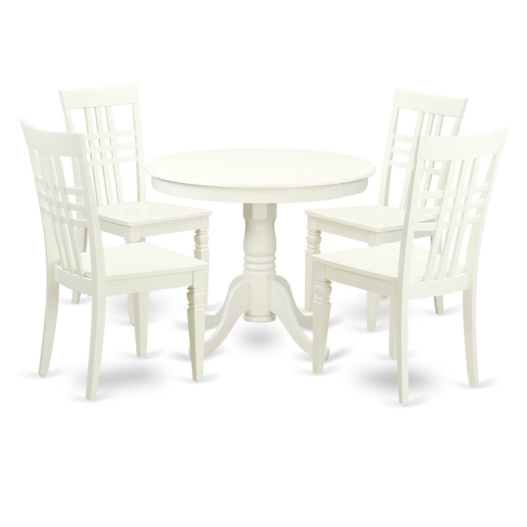 Juego de mesa de comedor de 5 piezas para 4 personas de East West Furniture ANLG5-LWH-W. Incluye una mesa de cocina redonda con pedestal y 4 sillas de comedor de cocina.