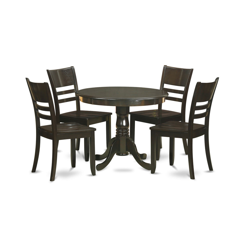 Juego de muebles de comedor de 5 piezas East West Furniture ANLY5-CAP-W. Incluye una mesa de comedor redonda con pedestal y 4 sillas con asiento de madera.