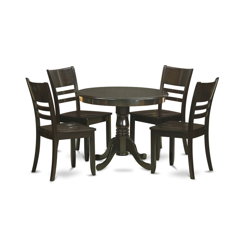 East West Furniture ANLY5-CAP-W 5 Piece Dining Room Furniture Set Includes a Round Dining Table with Pedestal and 4 Wood Seat Chairs, 36x36 Inch, Cappuccino