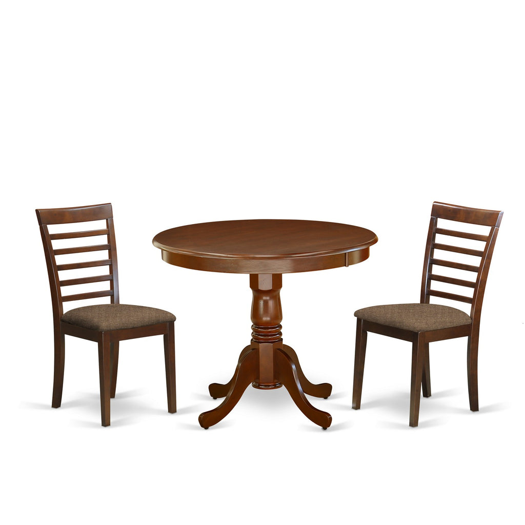 East West Furniture ANML3-MAH-C 3 Piece Dining Table Set for Small Spaces Contains a Round Kitchen Table with Pedestal and 2 Linen Fabric Kitchen Dining Chairs