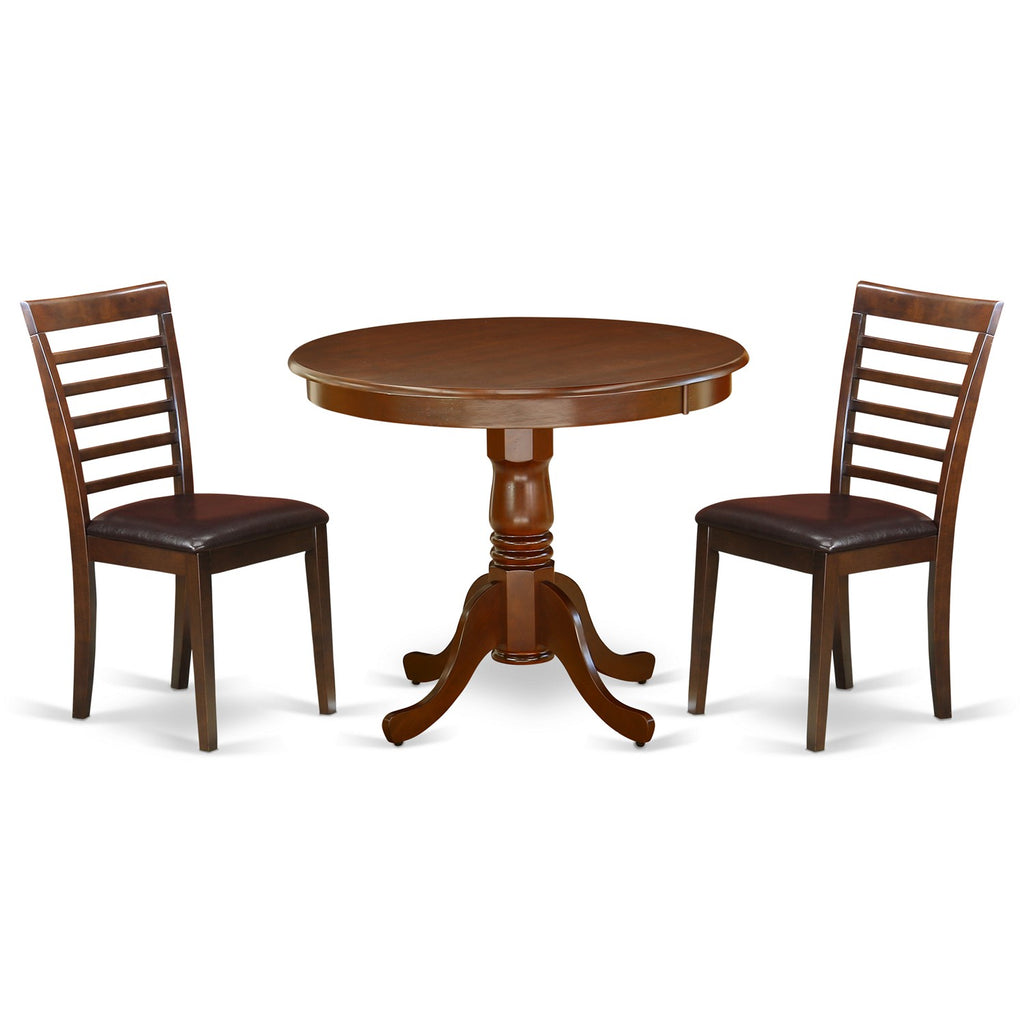 East West Furniture ANML3-MAH-LC 3 Piece Dining Table Set for Small Spaces Contains a Round Kitchen Table with Pedestal and 2 Faux Leather Kitchen Dining Chairs