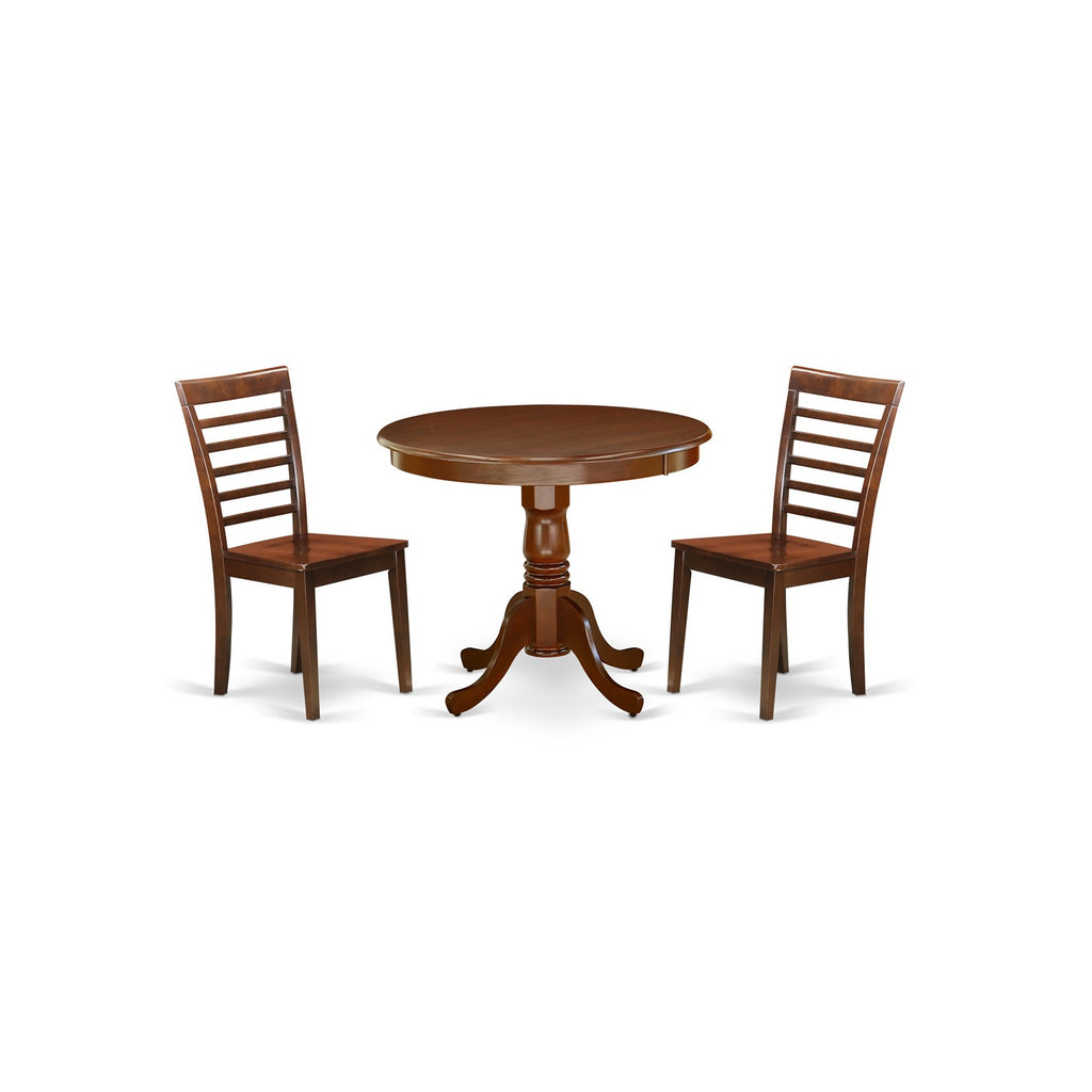 East West Furniture ANML3-MAH-W 3 Piece Modern Dining Table Set Contains a Round Kitchen Table with Pedestal and 2 Dining Chairs