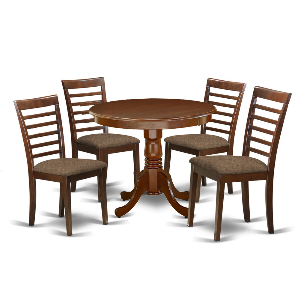East West Furniture ANML5-MAH-C 5 Piece Modern Dining Table Set Includes a Round Kitchen Table with Pedestal and 4 Linen Fabric Kitchen Dining Chairs